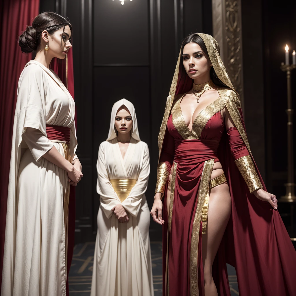 2 beautiful woman, ((standing face to face)), one in a (white/gold gedi robe), one beautiful woman in a (black/red sith lord costume), 2 women, star wars, hyperrealistic, 8k, highly detailed, photorealistic, dramatic lighting, cinematic composition, intricate costume details, elegant poses, dynamic movement, moody color palette, dramatic shadows, vivid colors, stunning visuals