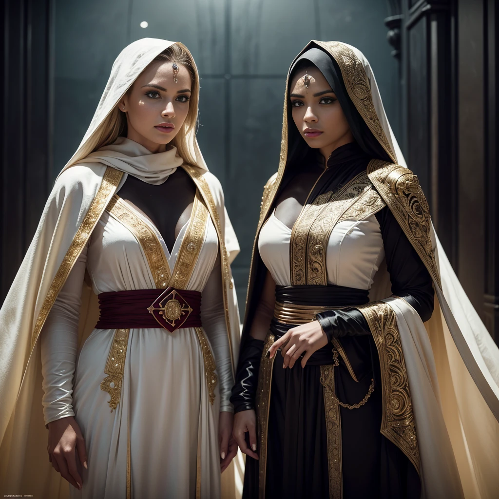 2 beautiful woman, ((standing face to face)), one in a (white/gold gedi robe), one beautiful woman in a (black/red sith lord costume), 2 women, star wars, hyperrealistic, 8k, highly detailed, photorealistic, dramatic lighting, cinematic composition, intricate costume details, elegant poses, dynamic movement, moody color palette, dramatic shadows, vivid colors, stunning visuals