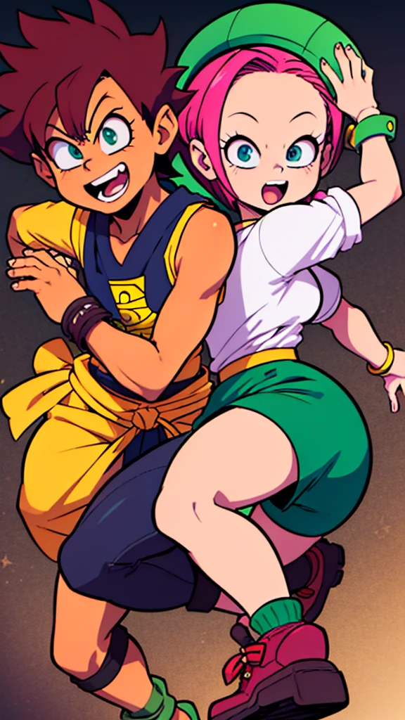 high quality、masterpiece、Akira Toriyama、Deformation、An illustration、Pink Hair、short hair、Blue-green eyes、girl、whole body、battle、One person