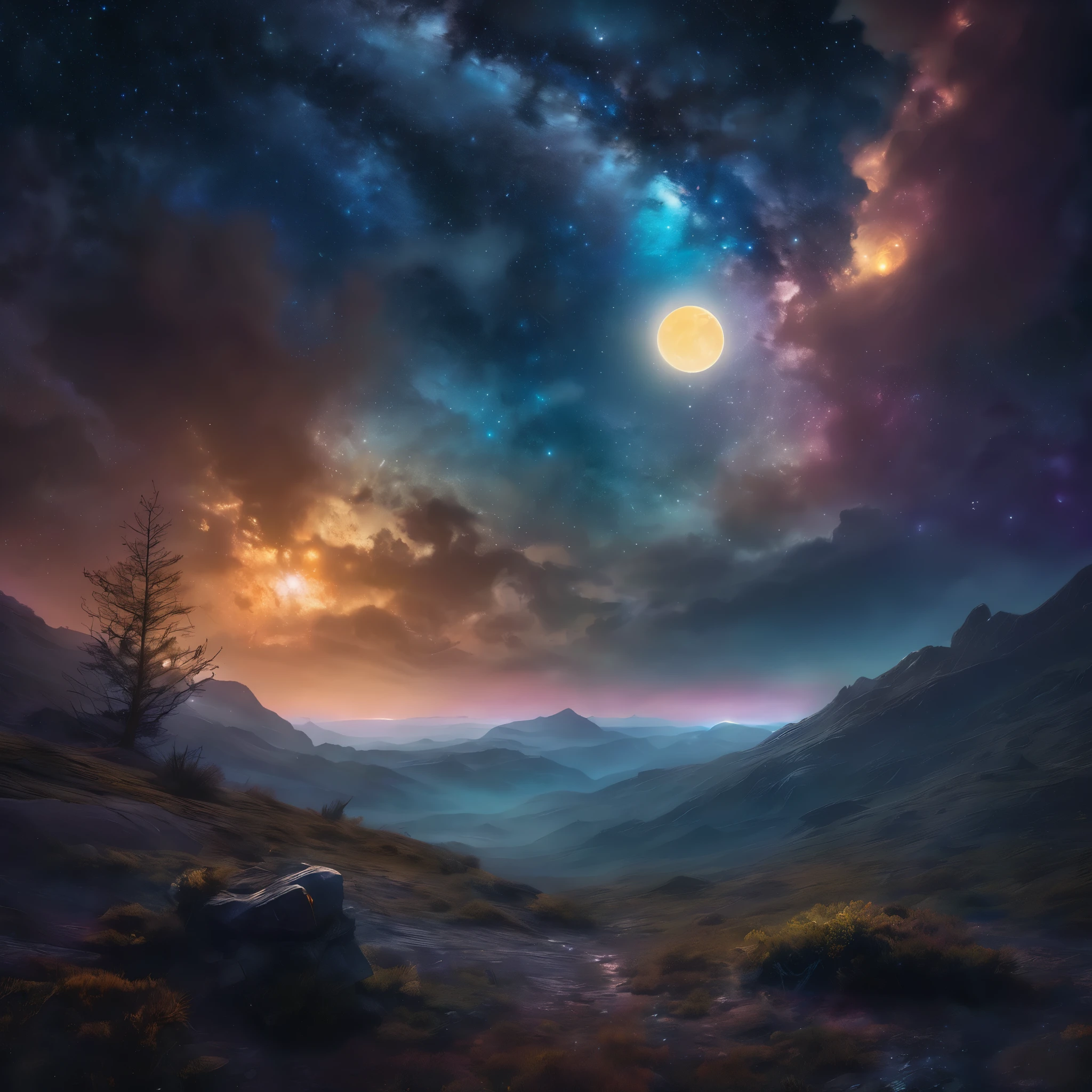 detailed fantasy night sky, full moon, milky way galaxy, dramatic lighting, glowing stars, cinematic composition, ethereal mood, atmospheric, mystical, otherworldly, 8k, high resolution, detailed, photorealistic, dramatic lighting, fantasy art, concept art, dramatic lighting, vibrant colors, deep shadows, moody, magical