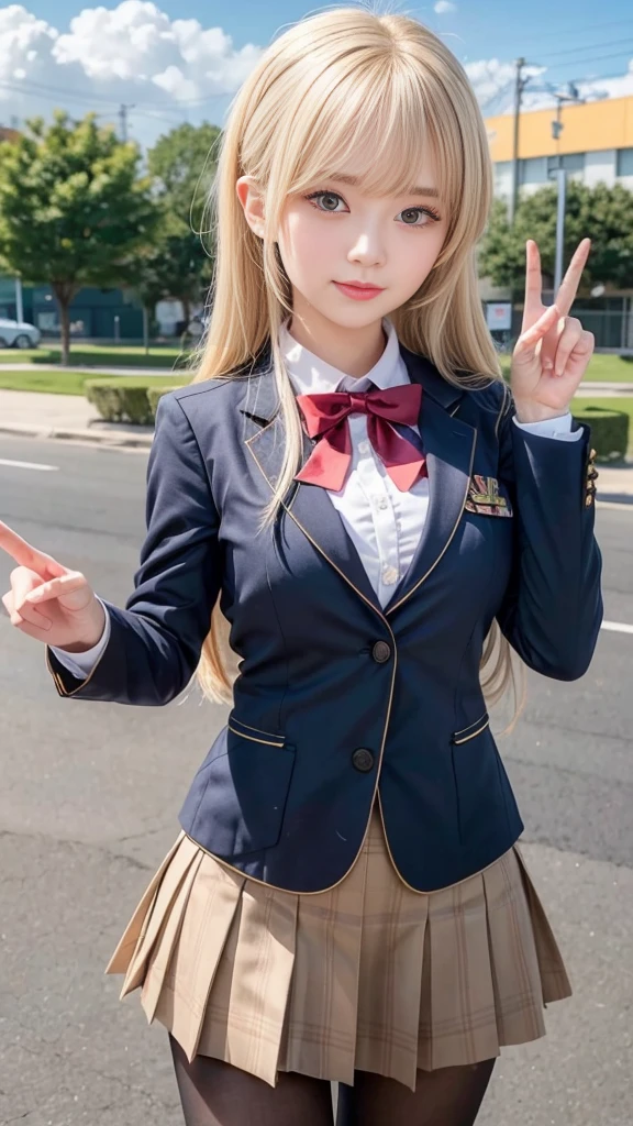 (A girl making a peace sign in front of the road), JK Uniform, beautiful high school girl, 現実的なhigh school girl, Surreal , Nagatoro, Cute girl anime visuals, I also make fan art, Girl in uniform, Smooth body, high school girl, Surreal , seifuku, (Magic school uniform), (Detailed eyes and face:1.3, Professional photography techniques), (Detailed hands:1.2, Anatomically correct hand, Beautiful little hands of a girl:1.3), (Beautiful breasts), (Tight waist), Small beautiful butt, ribbon, (Brown Hair, Beautiful, silky smooth hair), (Cute small face, A captivating smile), (Highest quality, Highest quality, Masterpiece, Highest quality, Ultra-Real), Gaze at the viewer, blush, 