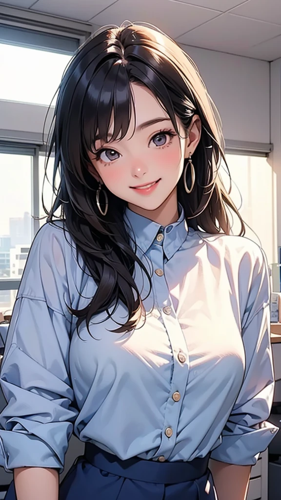 Super high quality, 8K, upper body, don't leak fingers, 1 girl, smile, solo, white skin, office, white shirt