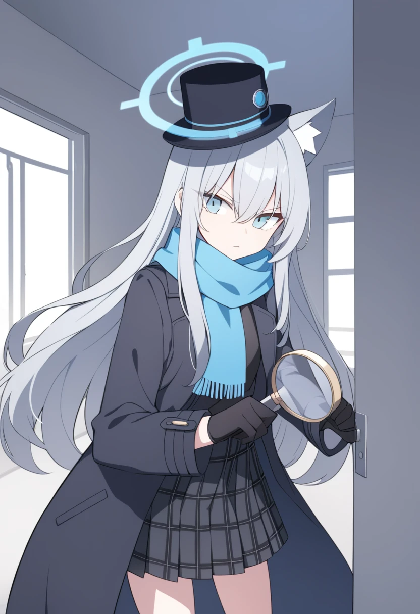 girl,Silver long hair, blue eyes, Wearing a black trench coat,A sky blue scarf, Black gloves, And black plaid skirt, In an empty house,Serious expression, blue halo,Black top hat,Gray wolf ears,Handheld magnifying glass observation