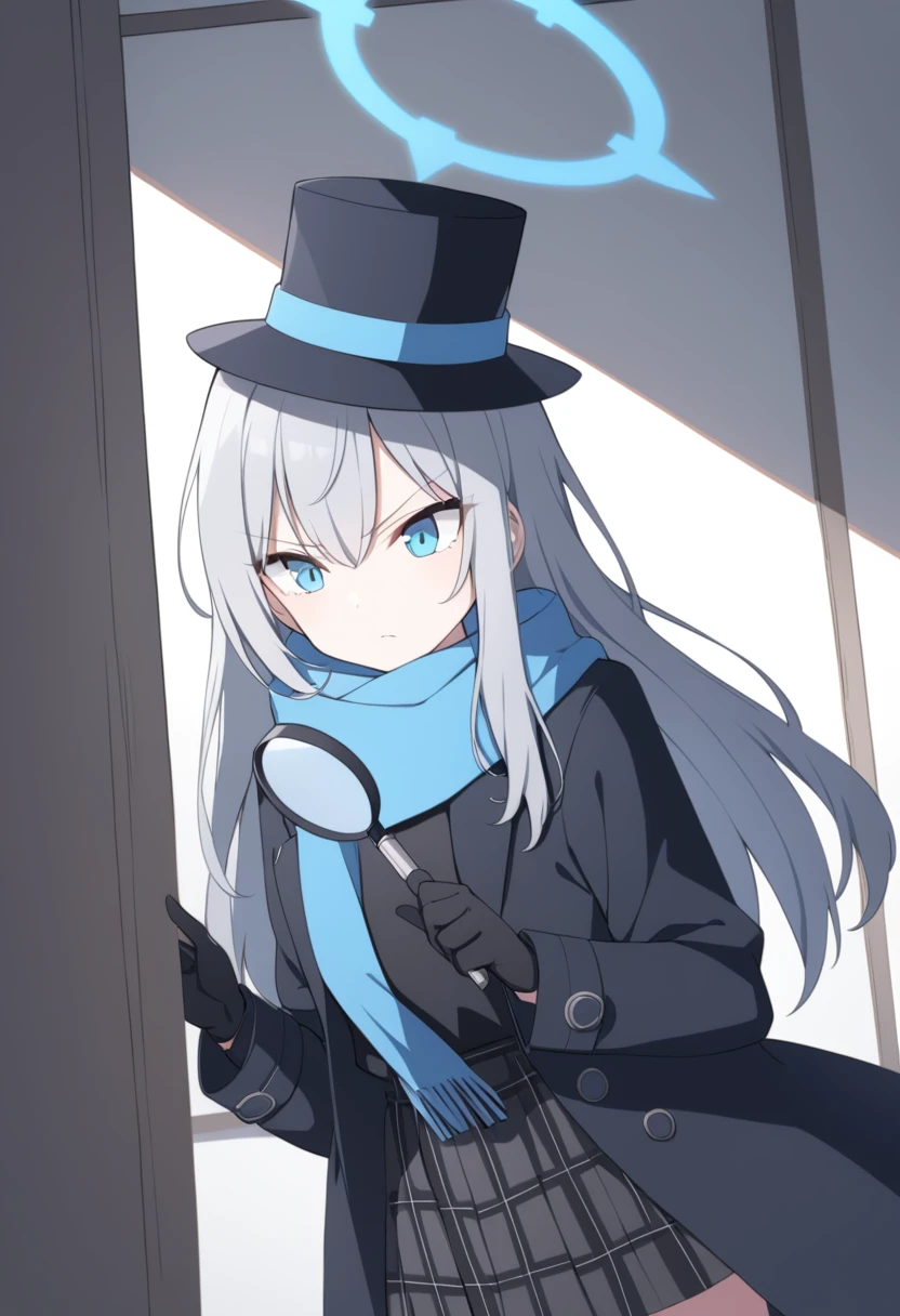 girl,Silver long hair, blue eyes, Wearing a black trench coat,A sky blue scarf, Black gloves, And black plaid skirt, In an empty house,Serious expression, blue halo,Black top hat,Gray wolf ears,Handheld magnifying glass observation