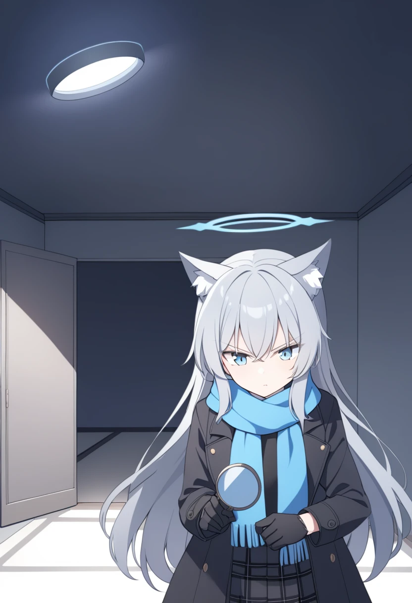 girl,Silver long hair, blue eyes, Wearing a black trench coat,A sky blue scarf, Black gloves, And black plaid skirt, In an empty house,Serious expression, blue halo,Black top hat,Gray wolf ears,Handheld magnifying glass observation