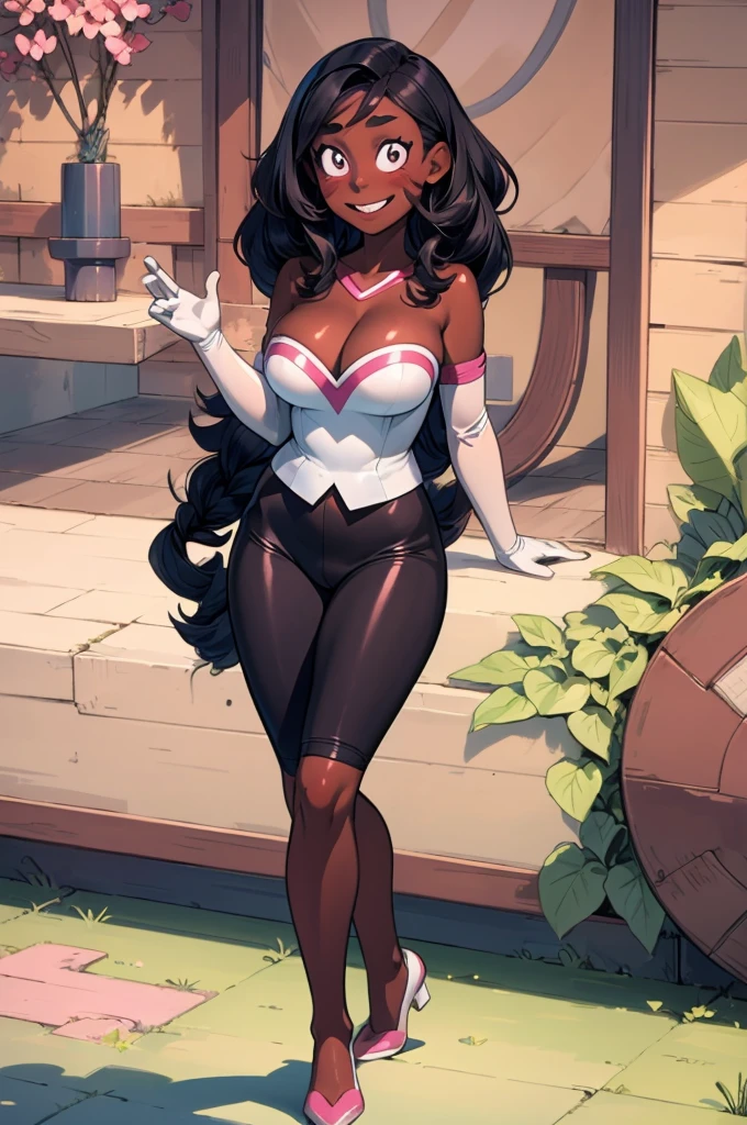 (rouge_the_bat_(cosplay):1), white elbow gloves, bare shoulders, bat wings, ((masterpiece,best quality)), connie maheswaran, long hair, black hair, pink blade, whisker markings, cowboy shot, smile, big breast, age 25, sensual pin-up