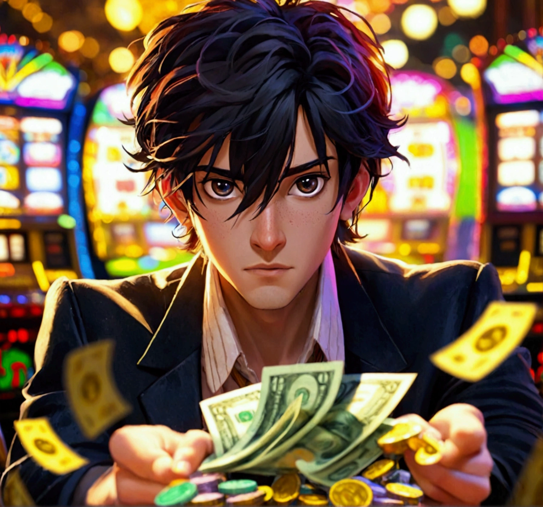 A 2D animation person with his hands up and with money in his hands playing slot machines