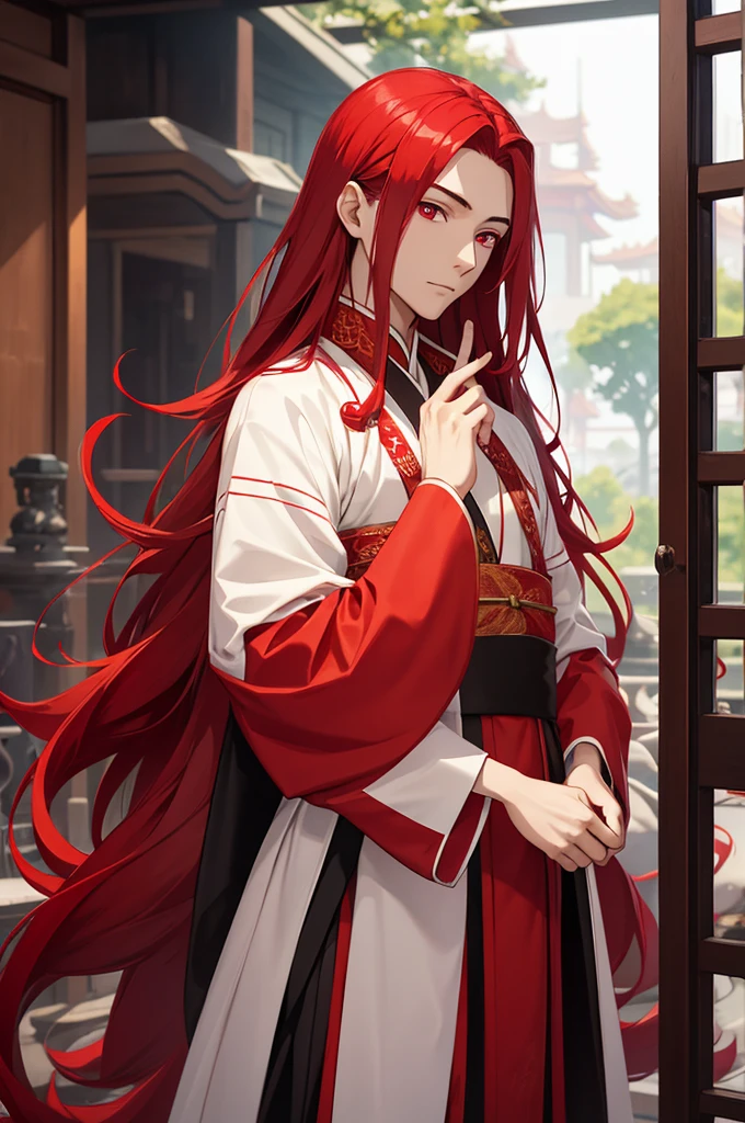 A young man, without a beard, long red hair, Red eyes, White skin, china, Hanfu, Red & Black Clothing, hands hidden