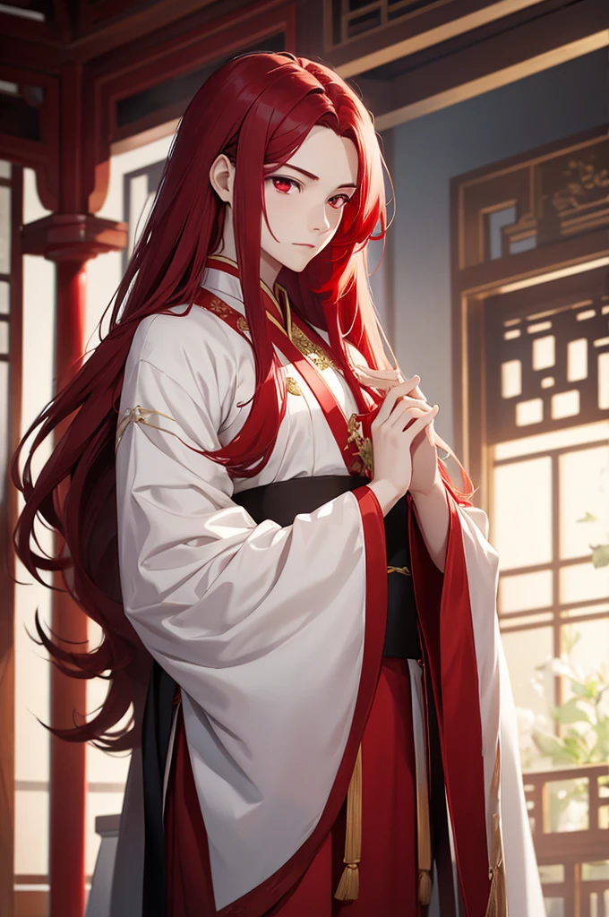 A young man, without a beard, long red hair, Red eyes, White skin, china, Hanfu, Red & Black Clothing, hands hidden
