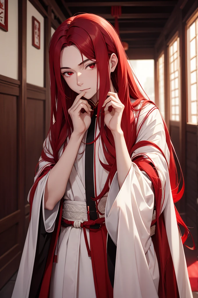 A young man, without a beard, long red hair, Red eyes, White skin, china, Hanfu, Red & Black Clothing, hands hidden