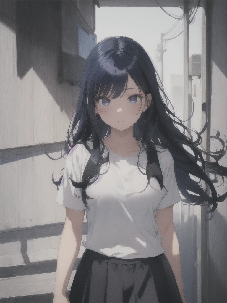 masterpiece, best quality, ultra-detailed, illustration, close-up, straight on, face focus, female, dark blue hair, black eyes, long hair, wearing a white blank t-shirt, wearing a skirt, a 22 years old girl, blank background, hide hands.