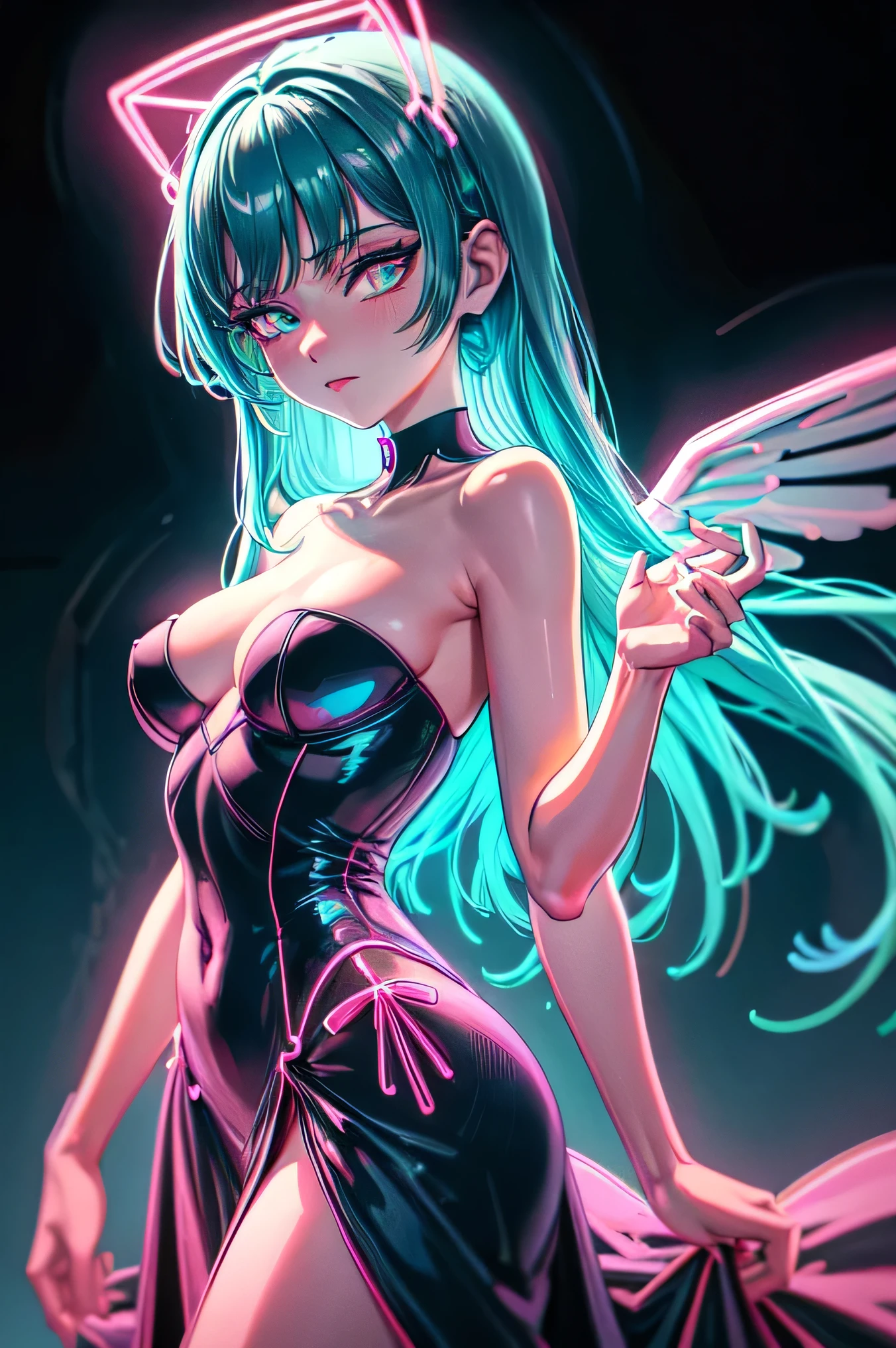 neon_outlines, close up, classy woman in a long evening dress, upscale gala event beautiful girl angel, blue hair neon_outlines,