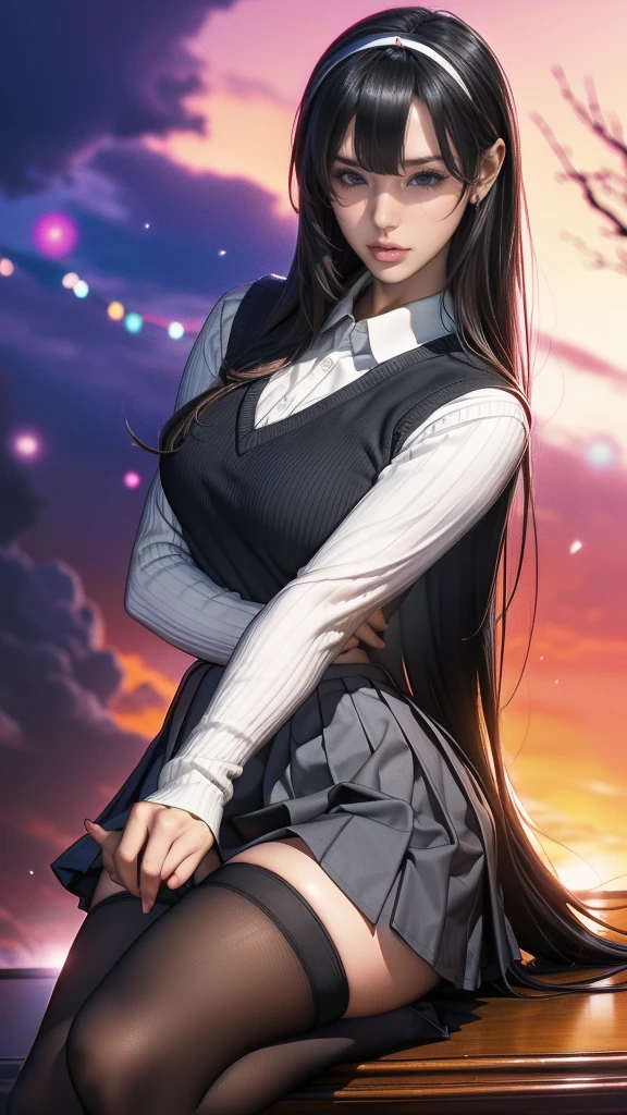 utaha cyql,1girl,looking at viewer,solo, (long hair,black hair,hairband,red eyes,school uniform,sweater vest,skirt,pleated skirt,pantyhose,black pantyhose,shoes,uwabaki,long legs,), Dopey, Wide-eyed, slack-jawed, and with a goofy expression.,upper_body,beautiful face,beautiful eyes,glossy skin,shiny skin, British castle, Afternoon visit, Castle tour, History, Grandeur,beautiful detailed sky,beautiful detailed glow, posing in front of a colorful and dynamic background, masterpiece,best quality,beautiful and aesthetic,contrapposto,female focus,wallpaper,fashion,
