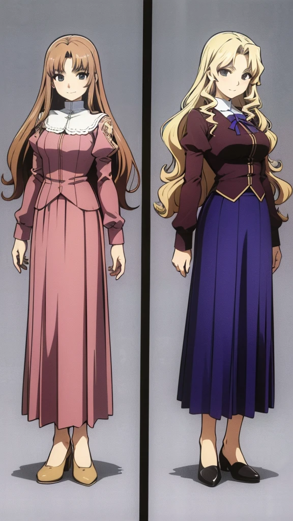 masterpiece, high quality, Multiple girls, organization, Same sisters, Blonde Hair, curls, (brown haired sisters, Blonde sisters, many sisters, Match hairstyle, different hair colors), Hazel eyes, Medium bust, pencil maxi skirt blue ((Matching Clothing long skirt )), Smile, flat_color, Same height, organization pose, Back to back, full body