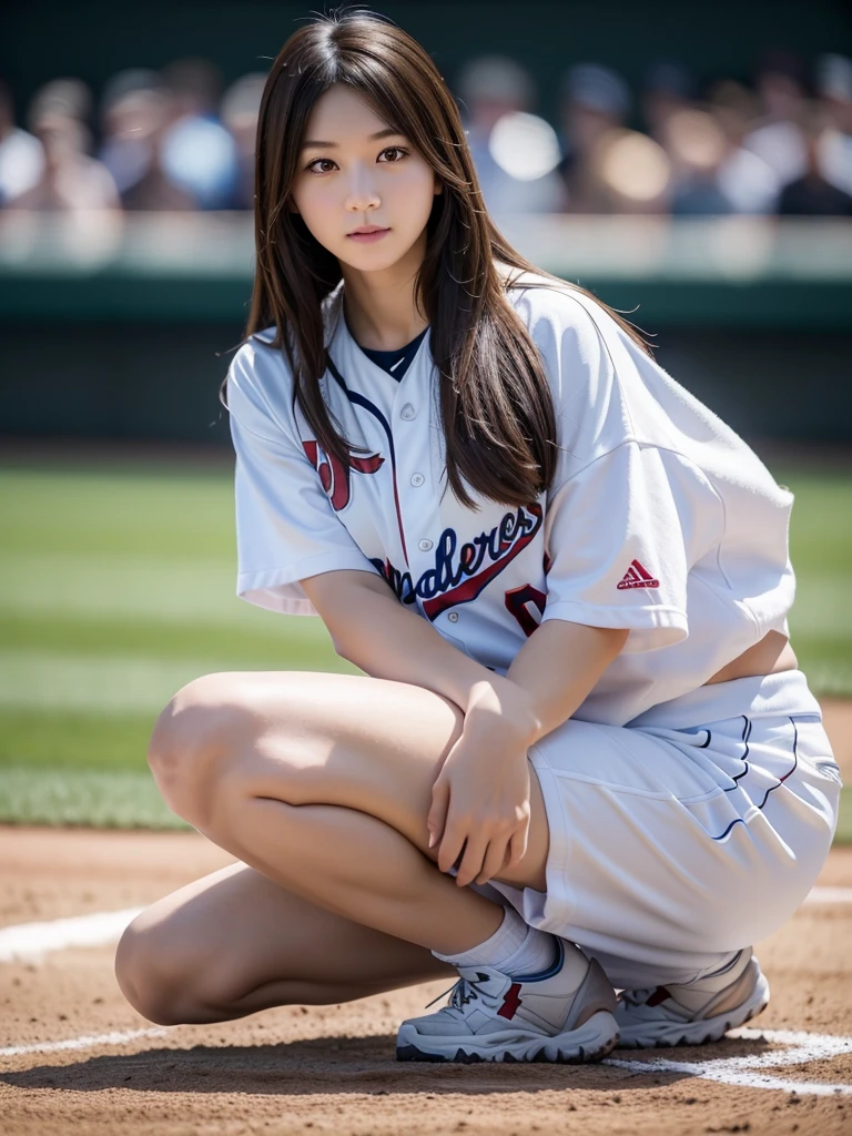 baseball、Ground、ball、Bad、baseball帽、(Highest quality)、((Very detailed))、4K、(8K)、masterpiece、Very detailedな、Highest quality、Super Resolution、1 person、Kind Face、Soft Light、RAW quality、Soft Skin、163cm、30 years old、Thighs