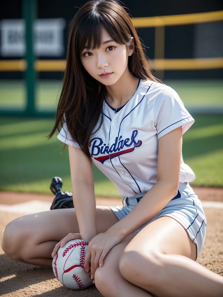 baseball、Ground、ball、Bad、baseball帽、(Highest quality)、((Very detailed))、4K、(8K)、masterpiece、Very detailedな、Highest quality、Super Resolution、1 person、Kind Face、Soft Light、RAW quality、Soft Skin、163cm、30 years old、Thighs