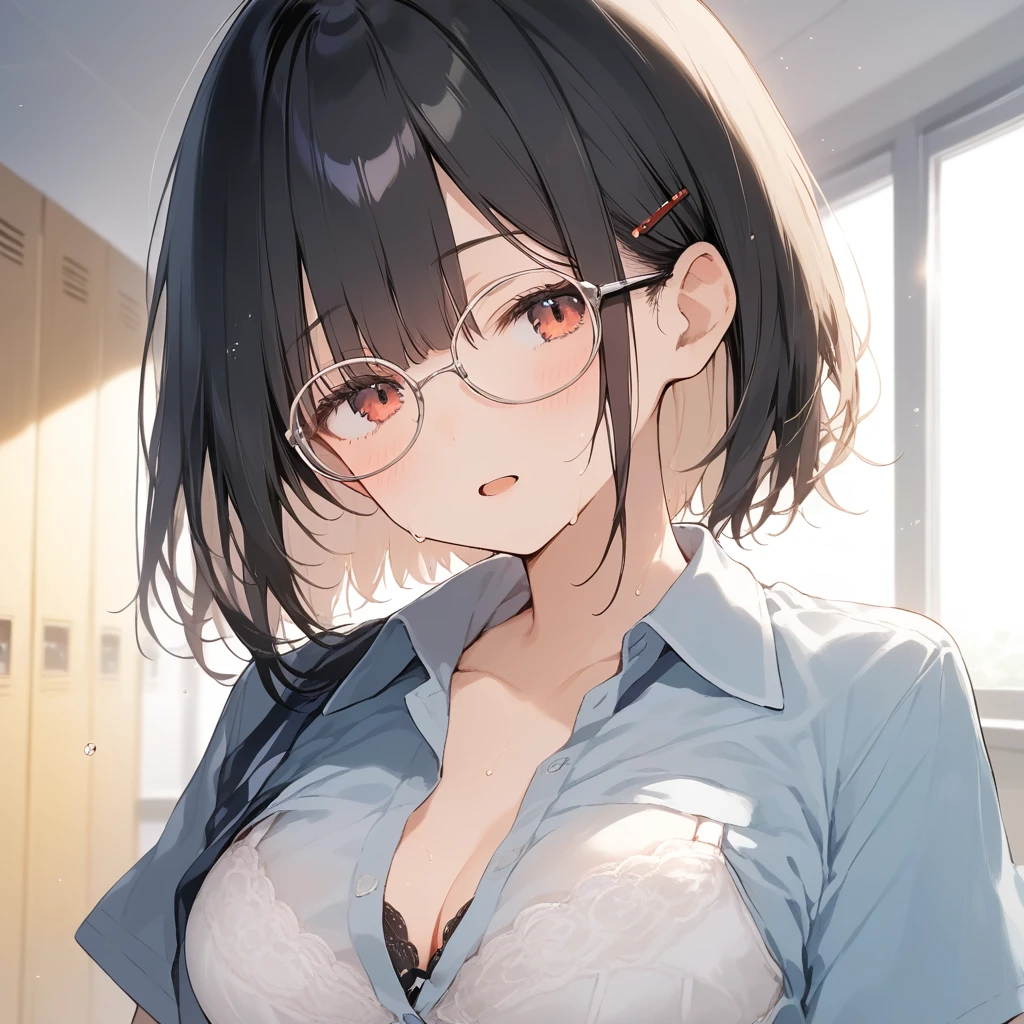 score_9, score_8_up, score_7_up, source_anime, best quality, masterpiece, official art, absurdres, highres, ultra-detailed,waifu2x,Collection: Slice of Life,break,1girl, uniform, bra, short hair,glasses, medium breasts, beautiful detailed eyes, sweat, open mouth, dressing, sleepily, indoors, school locker room, break,(clear line illustration:1.2), super detailed skin,very high resolution, very aesthetic, Best sexual lighting powered by famous artist, 8k,cute picture,beauty illustration,photoshop_(medium),,(Detailed Lighting),best anime 8k konachan wallpaper, pixiv contest winner,
