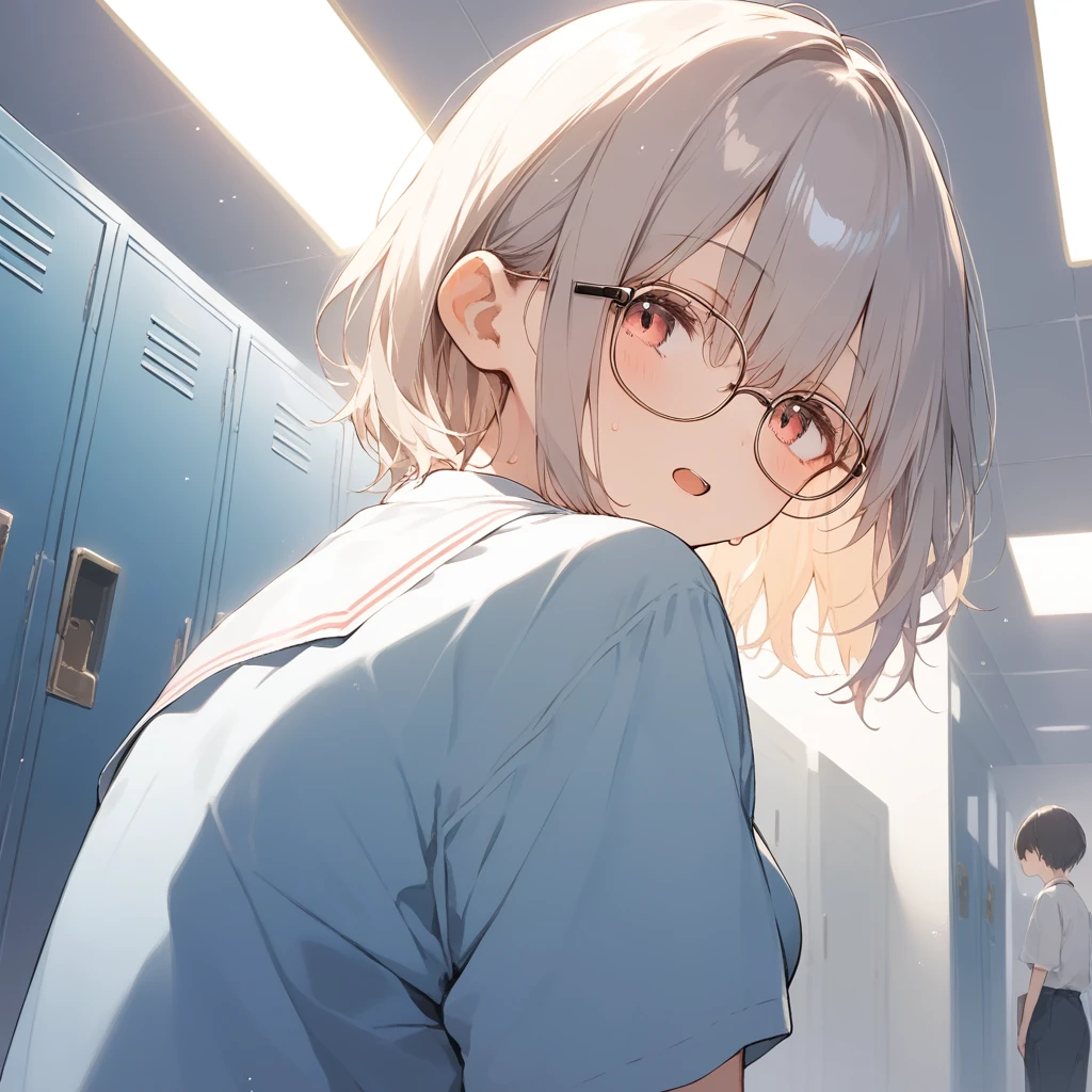 score_9, score_8_up, score_7_up, source_anime, best quality, masterpiece, official art, absurdres, highres, ultra-detailed,waifu2x,Collection: Slice of Life,break,1girl, uniform, bra, short hair,glasses, medium breasts, beautiful detailed eyes, sweat, open mouth, dressing, sleepily, indoors, school locker room, break,(clear line illustration:1.2), super detailed skin,very high resolution, very aesthetic, Best sexual lighting powered by famous artist, 8k,cute picture,beauty illustration,photoshop_(medium),,(Detailed Lighting),best anime 8k konachan wallpaper, pixiv contest winner,