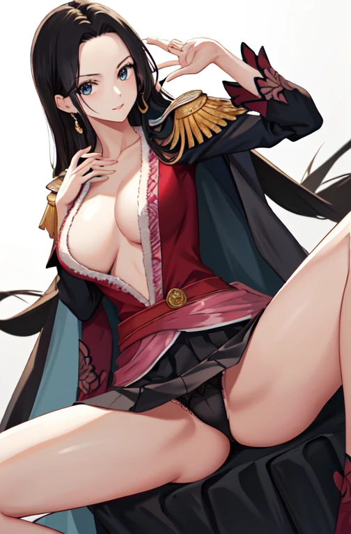 masterpiece, Highest quality, High resolution, Hancock 1, One girl, Boa Hancock, Large Breasts, Long Hair, Epaulettes, Cape, Side slits, Cowboy Shot, Are standing, View your viewers, Sexy pose, , Hands Behind Back, Perfect Fingers,(((Spread your legs)))、((Shiny underwear)))、Beautiful beauty、Long black hair、((whole body))、(((Photo taken from below、Accentuate your breasts)))、Large Breastini skirt、Panties are black lace、tall、Long limbs、hairstyle semi long、Big Breasts. (Highest quality, 4K, 8K, High resolution, masterpiece:1.2、Big Breasts),