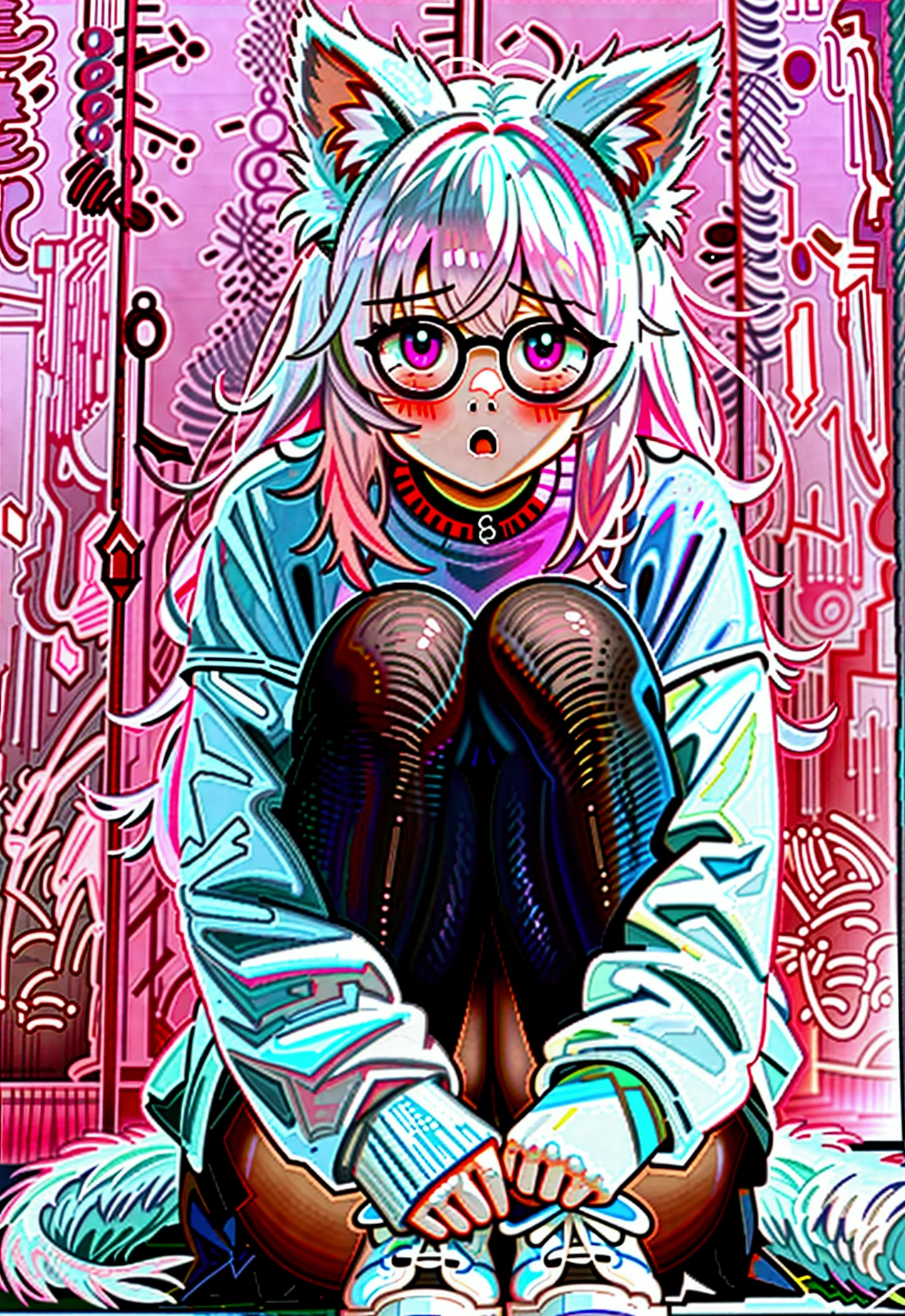 I have white pink hair, cat ears, a bun, my face is super blushing, black glasses, pink heart eyes, a big pink sweatshirt, a black skirt, black stockings, white shoes, a cat&#39;s tail, a girl. very shy that she is glued to a wall with her butt