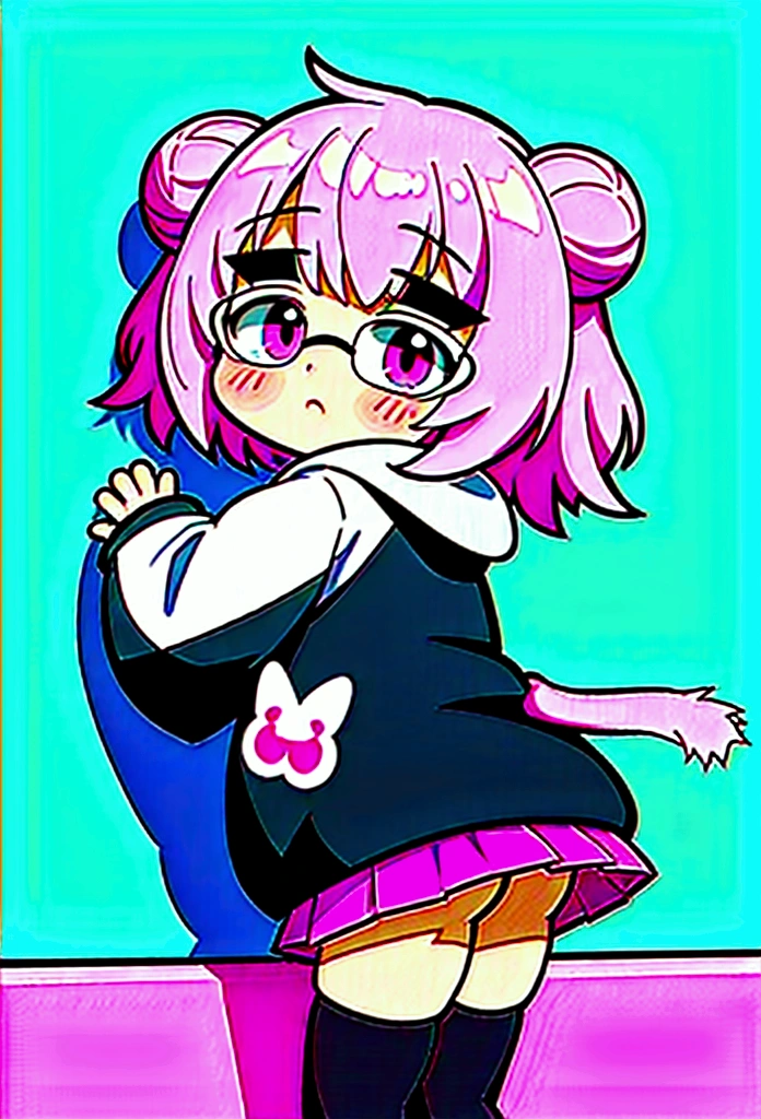 I have white pink hair, cat ears, a bun, my face is super blushing, black glasses, pink heart eyes, a big pink sweatshirt, a black skirt, black stockings, white shoes, a cat's tail, a girl. very shy that she is glued to a wall with her butt