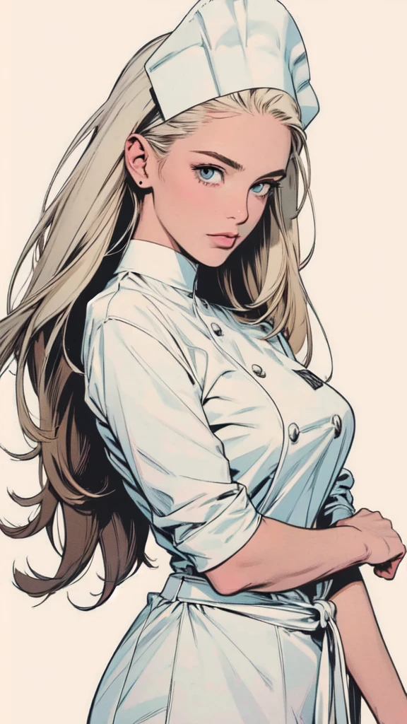 Portrait, white rectangle in the background, ready to trim, no cut parts, White background, a girl who is a chef, masterpiece,extremely beautiful woman,Excellent sense,(((perfect very white background))),American Comics,(((The Perfect One Woman))),(((one person))),colorful,Highly detailed perfect upper body,highly detailed face,near future,SF,
