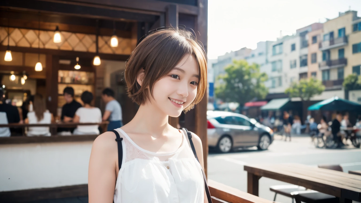 super high quality, Slenderのネックレス, Slender, Gravure photoshoot, The staff is working at the counter in the back., (8K、RAW Photos、Highest quality、masterpiece:1.2), Japanese Idol, Stylish café, The cafe is crowded with people enjoying themselves., (Realistic、Photorealistic:1.37), Mesh Hair, Urban Cafe, Golden Ratio, Raw photo, Cute face , Light Brown Hair, Small breasts, Bright cafe interior, Summer clothes, Cafe Terrace, Open Cafe, A kind smile, Hair blowing in the wind, boyish, Very Short Hair, 18-year-old, younger sister, Gal Fashion,