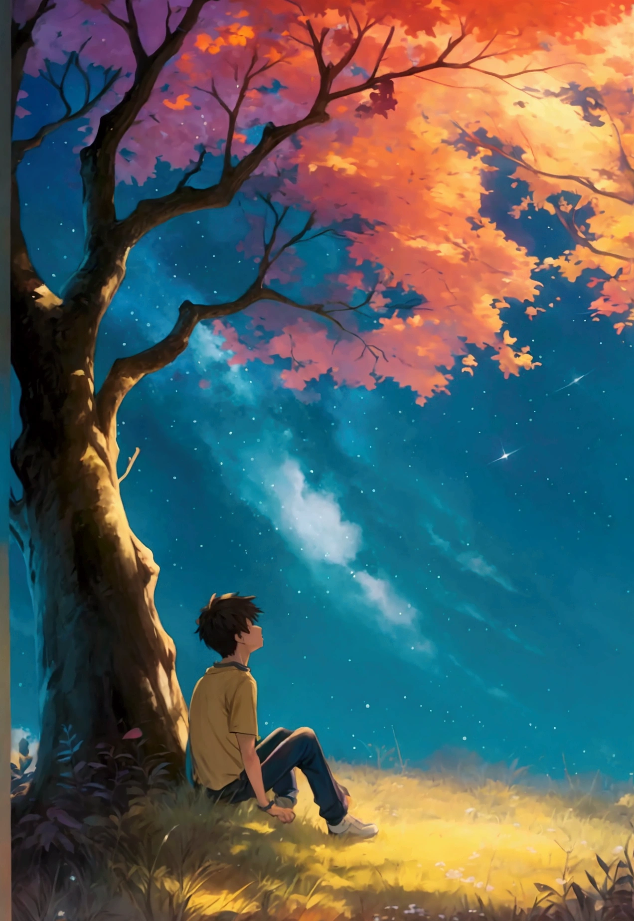 Show a male  sitting under a tree, Looking at the stars in awe.