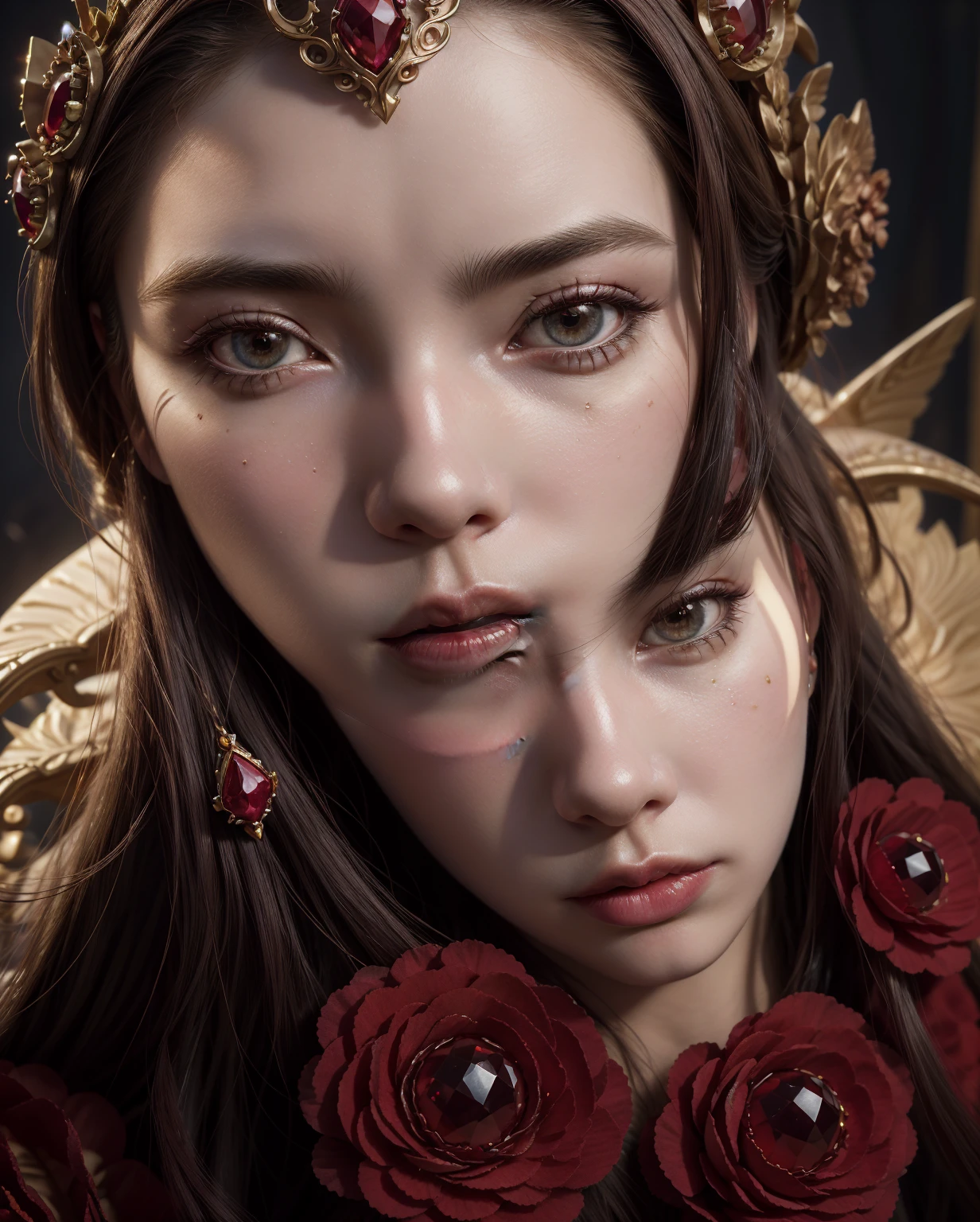 ((best quality)), ((masterpiece)), (detailed), close-up, person wearing costume, (Behance contest winner:1.2), fantasy art, crown of giant rubies, 3D goddess portrait, style of Ross Tran, captivating lighting, 8k resolution, striking facial expression, (elaborate costume details:1.3), vibrant colors, powerful presence, (ethereal glow:1.1)