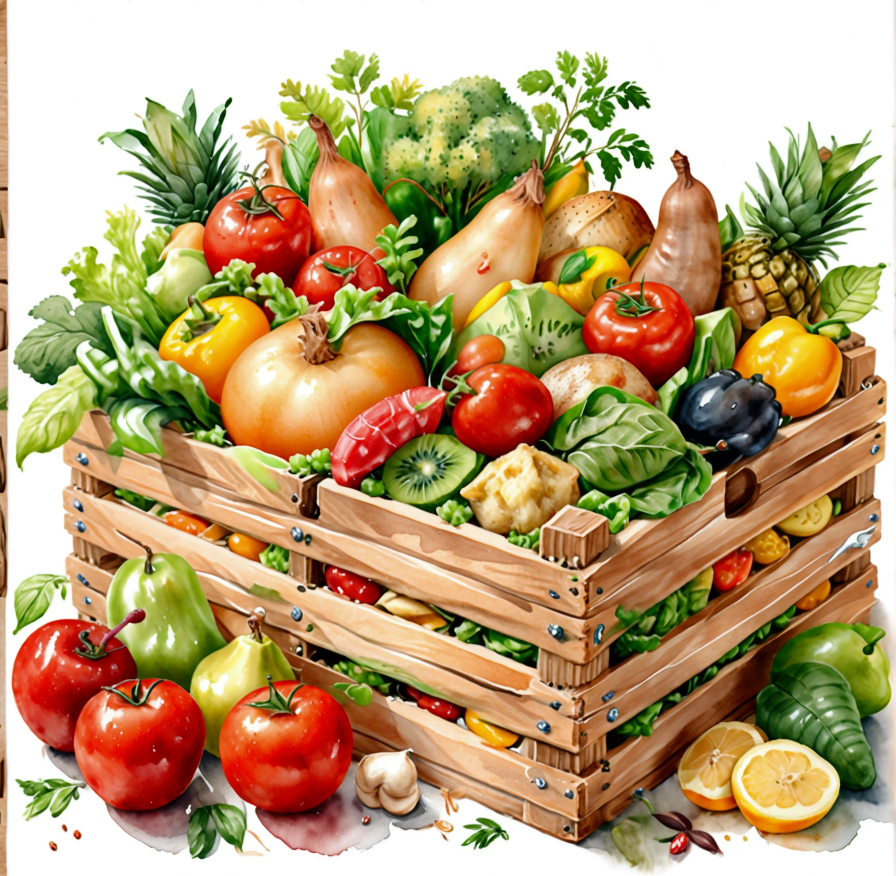 a wooden box with a lot of healthy food, illustration, isolated with solid white background, surrounded with negative space, centered composition, 8k, highest detailed painting, very precise painting, Isolated, clear solid white background, perspective angle of view, cartoon style, ((watercolor:1)), clip art, (lora:add-detail-xl:1), (masterpiece), (best quality),