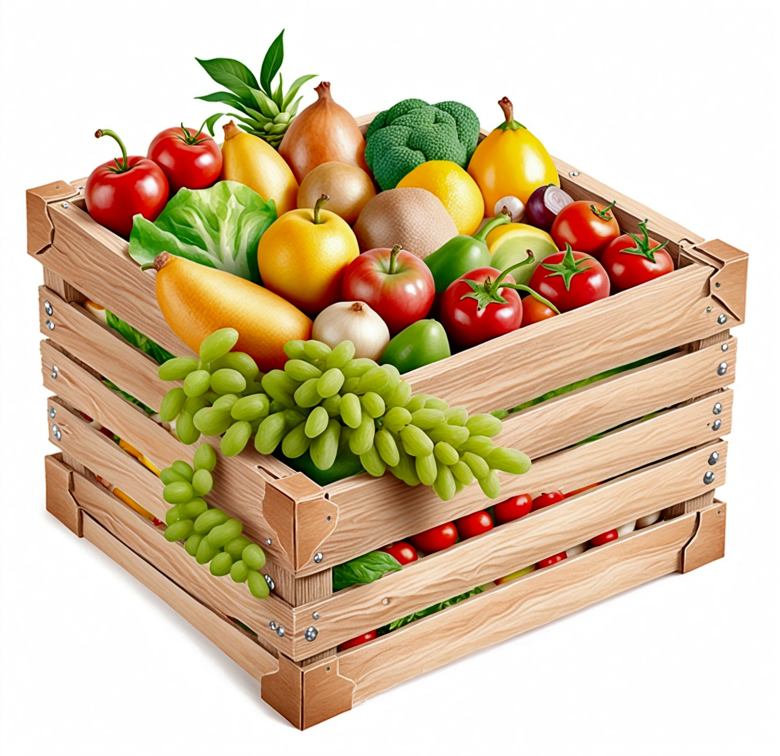 a wooden box with a lot of healthy food, illustration, isolated with solid white background, surrounded with negative space, centered composition, 8k, highest detailed painting, very precise painting, Isolated, clear solid white background, perspective angle of view, cartoon style, ((watercolor:1)), clip art, (lora:add-detail-xl:1), (masterpiece), (best quality),