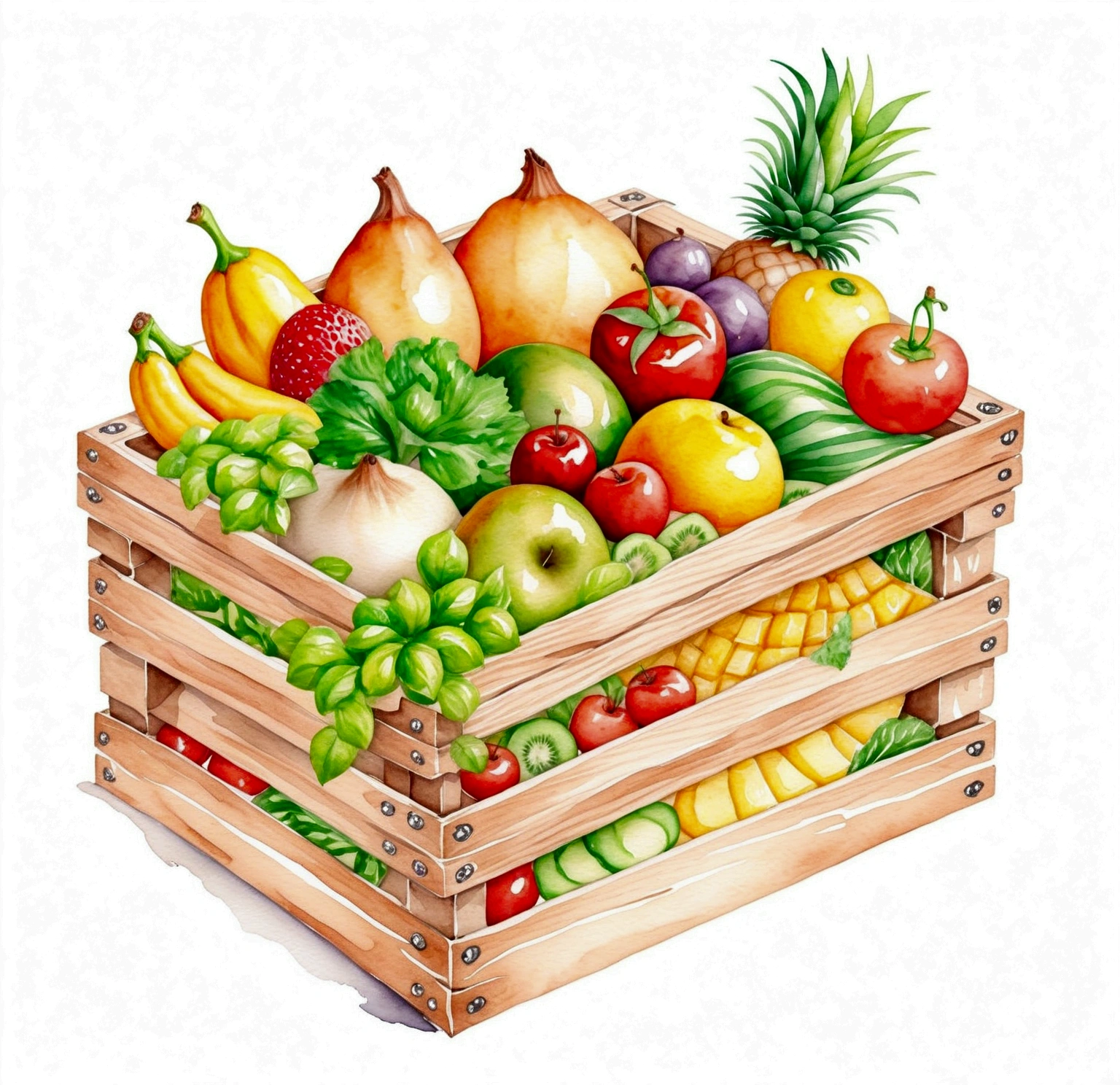a wooden box with a lot of healthy food, illustration, isolated with solid white background, surrounded with negative space, centered composition, 8k, highest detailed painting, very precise painting, Isolated, clear solid white background, perspective angle of view, cartoon style, ((watercolor:1)), clip art, (lora:add-detail-xl:1), (masterpiece), (best quality),