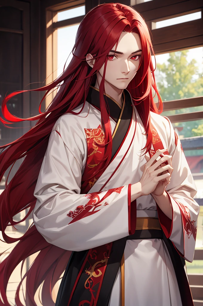 A young man, without a beard, long red hair, Red eyes, White skin, china, Hanfu, Red & Black Clothing, hands hidden
