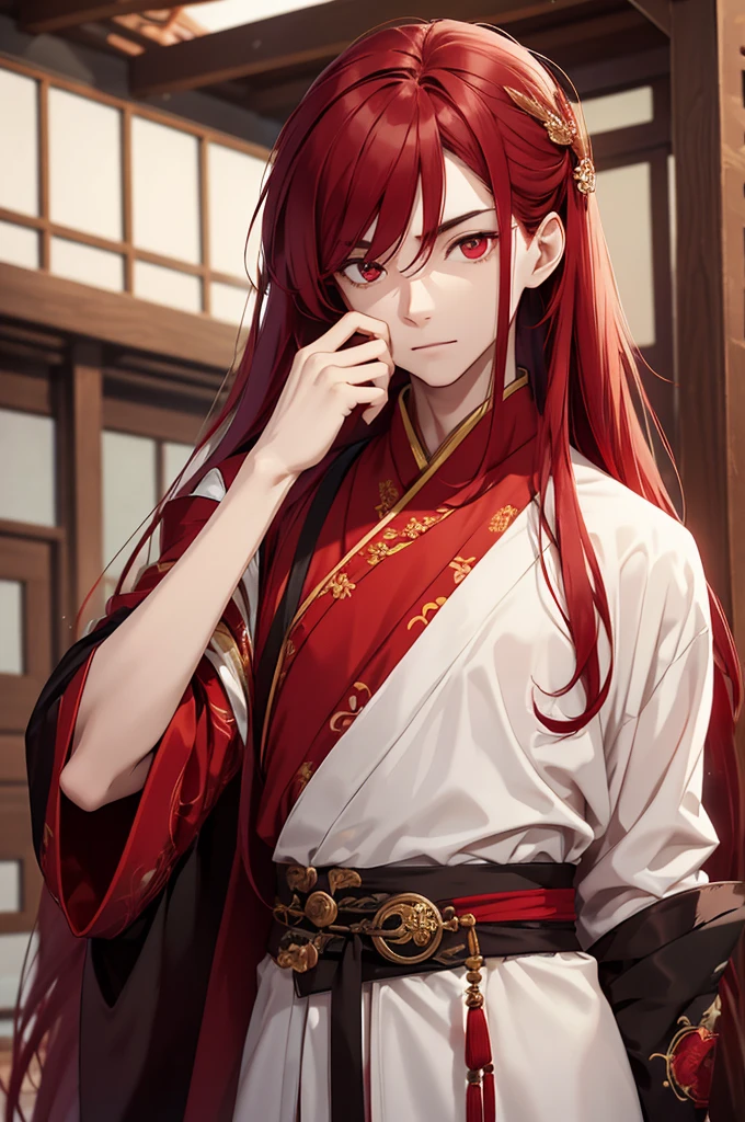 A young man, without a beard, long red hair, Red eyes, White skin, china, Hanfu, Red & Black Clothing, hands hidden