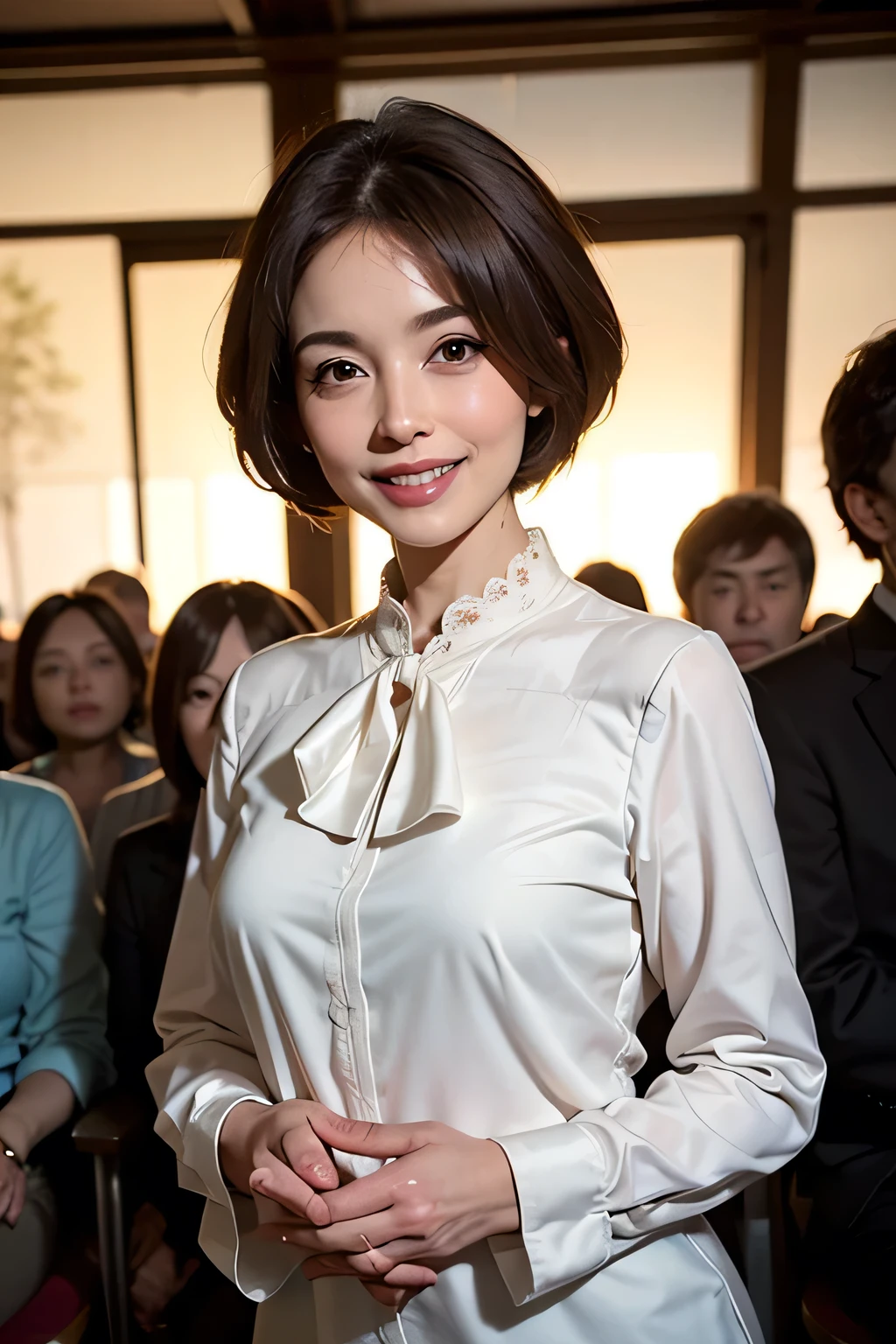 ((masterpiece)), ((Highest quality)), ((Complex)), ((Surreal)), (Realistic), (Mature Woman), ((There are no classes)), Very detailed, (1 female), Beautiful and exquisite, (Beautiful Teeth), Grin, Brunette Bob Hair, Brown eyes, ((blouse)), (Upper Body), (background:none), Perfect Eyes, Captivating eyes, Looking at the audience