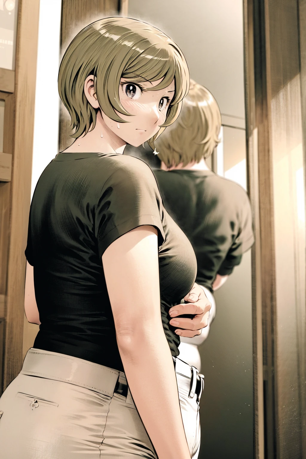 、(masterpiece、Highest quality)、Highest quality, Ultra-high resolution, (((masterpiece))), alone, Sweat、Big eyes,Tight black shirt、Tight white pants、belt、indoor、Composition from the front、(Cut the back hair short、short hair、blonde、woman)、Shortcuts、Embarrassed face、Cut your hair short、可愛いwomanの子、Big Breasts、office