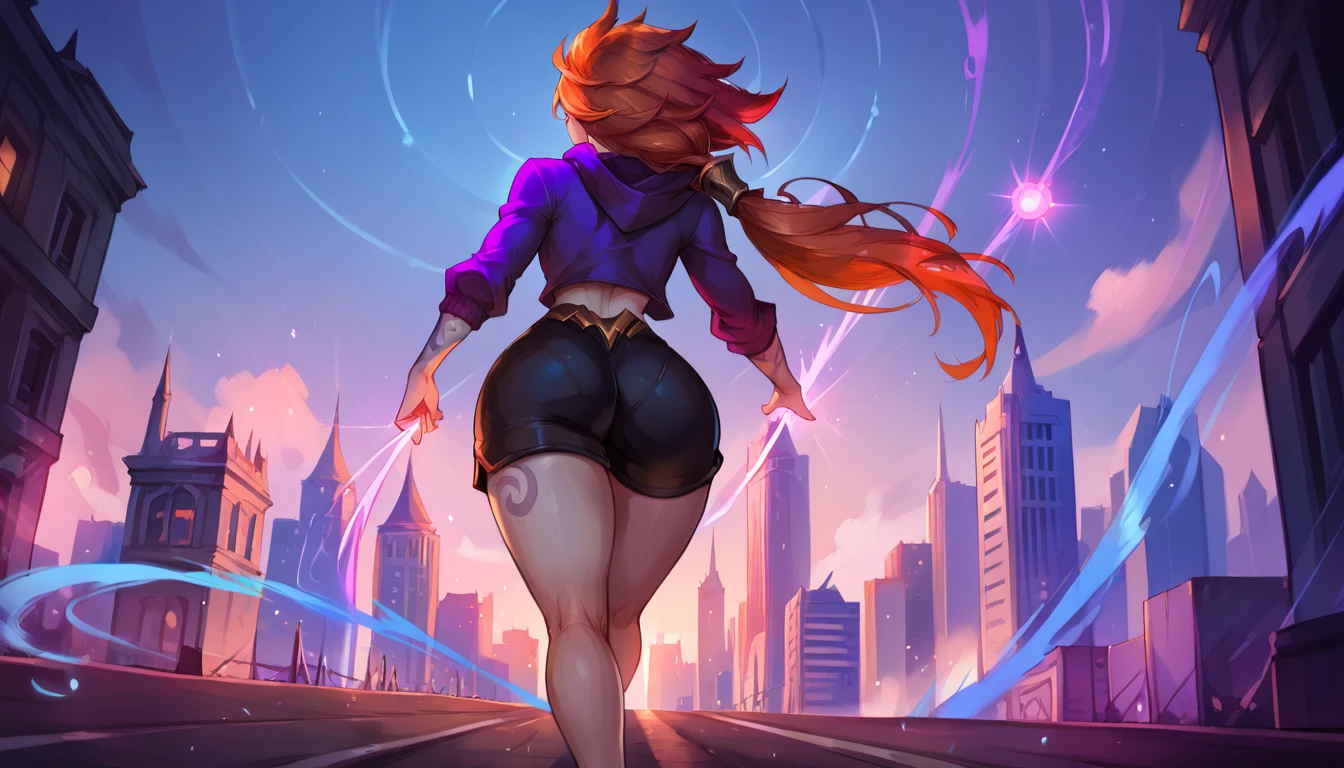 score_9, score_8_up, score_7_up, score_6_up, score_5_up, score_4_up, BREAK 4rc4n3, solo, best aesthetic, league of legends, thin, pale skin, long shot, cinematic lighting, bokeh, epic, blue and orange colors, striking colors, 1 girl running, back angle, purple hoodie, thick thighs, black shorts, tight clothing, highly detailed city background, centered,