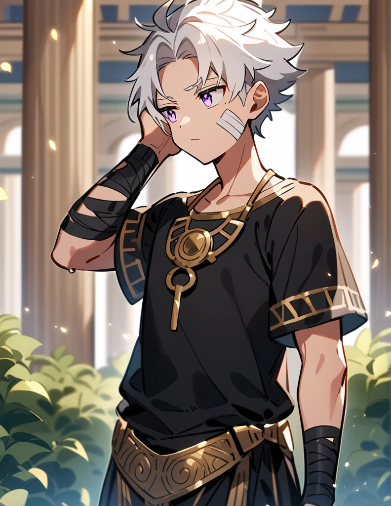 small Greek boy with white hair, violet eyes, wearing an all-black Greek shirt with small gold details, with bandages on his cheek and arm, standing scratching his head while looking away from his golden gaze, with a garden all red in a Greek temple of blurred background