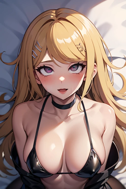 a hot seductive mature woman, kaede akamatsu, lying down in bed. she has a curvy but slim body, with lovely curves and long sexy legs. her skin is so smooth that it glows. her hair is long and blonde, and it's fluffy and messed up. her eyes and pink and sharp with long eyelashes. she's wearing a black bikini, as well as a pair of long black boots and a choker. her pose is seductive and alluring: she's lying with down on the bed while looking at the viewer. the viewer is in front of her and has a close up of her face from above. HD, very detailed picture