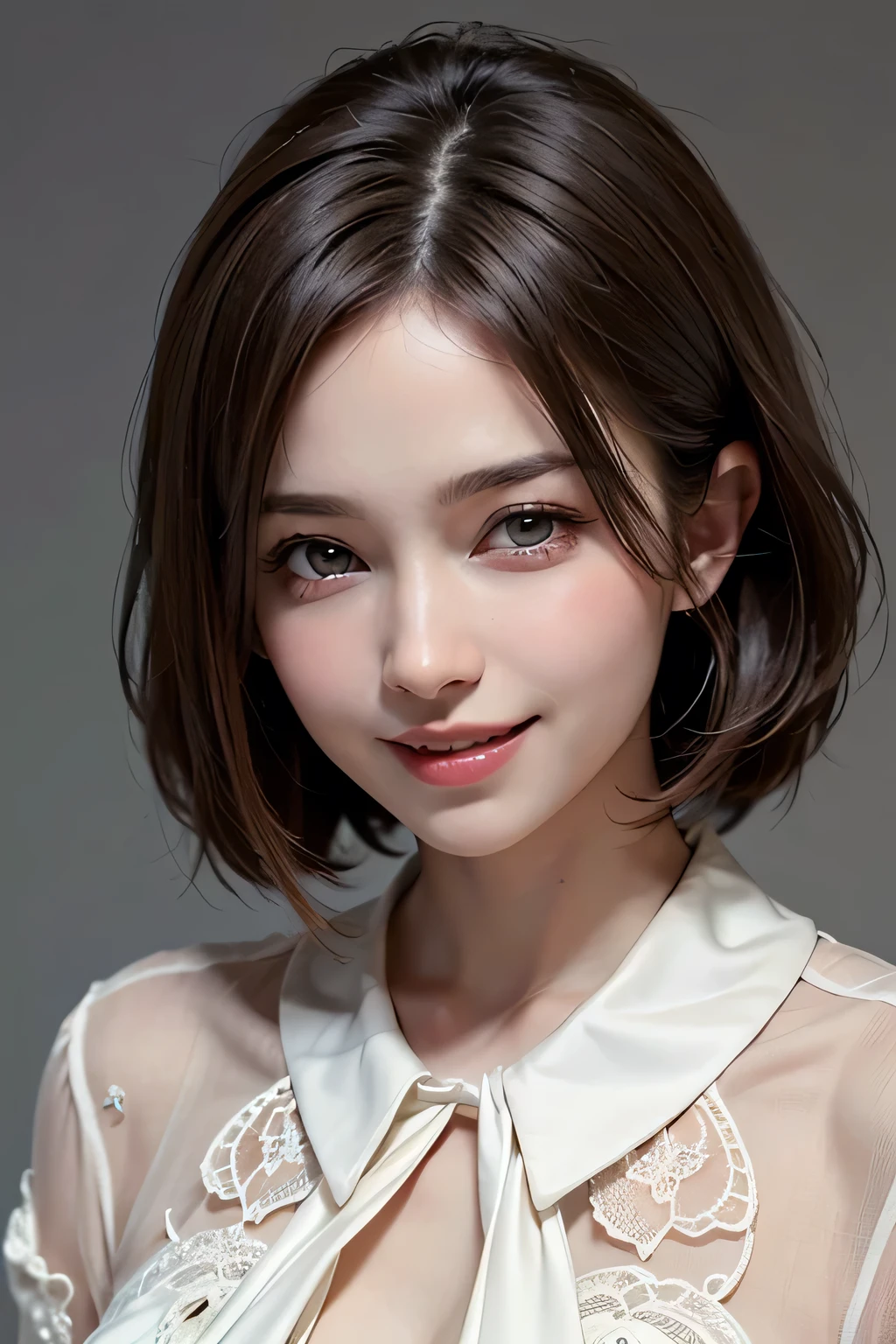 ((masterpiece)), ((Highest quality)), ((Complex)), ((Surreal)), (Realistic), (Mature Woman), ((There are no classes)), Very detailed, (1 female), Beautiful and exquisite, (Beautiful Teeth), Grin, Brunette Bob Hair, Brown eyes, ((blouse)), (Upper Body), (background:none), Perfect Eyes, Captivating eyes, Looking at the audience
