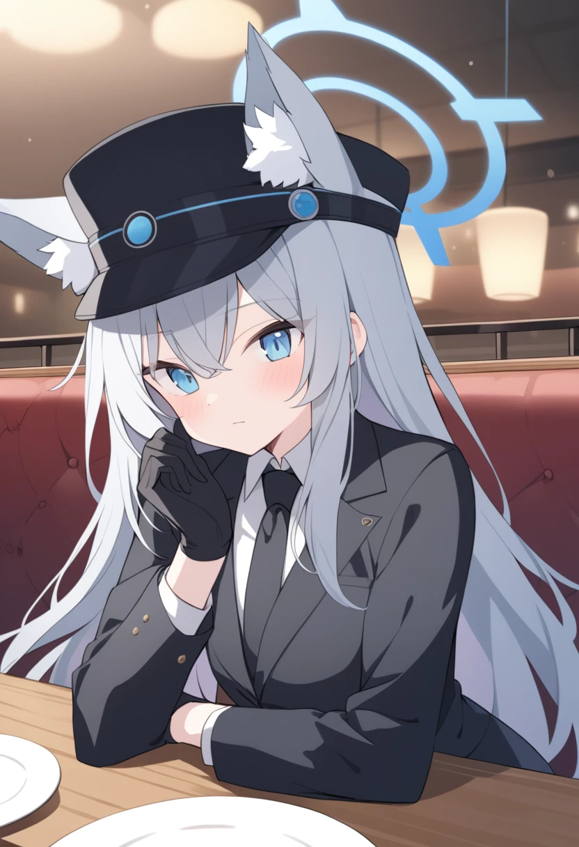 girl，Silver long hair, blue eyes, Wearing a black suit,Black gloves, and black pants, Sitting in the restaurant，A laid-back expression, blue halo，Black Hat，Gray wolf ears，Black Tie，Place your hands crossed on the table