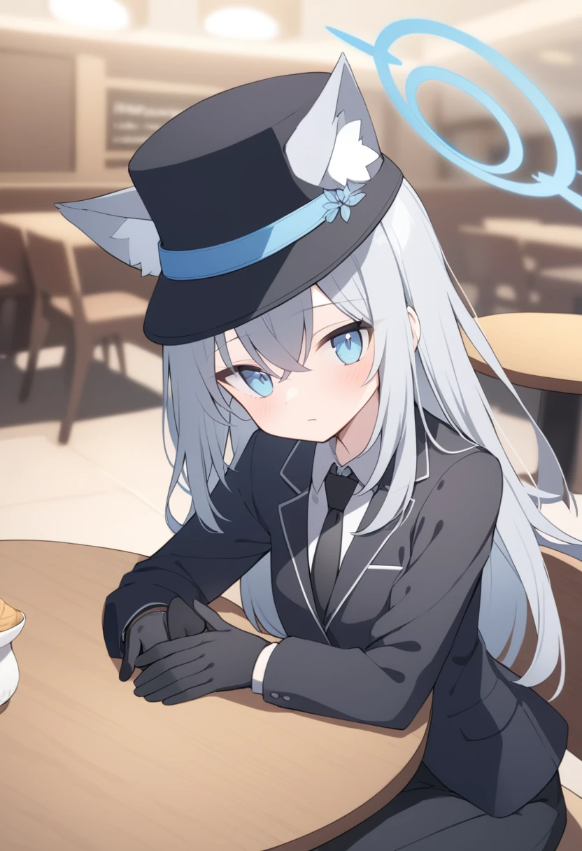 girl，Silver long hair, blue eyes, Wearing a black suit,Black gloves, and black pants, Sitting in the restaurant，A laid-back expression, blue halo，Black Hat，Gray wolf ears，Black Tie，Place your hands crossed on the table