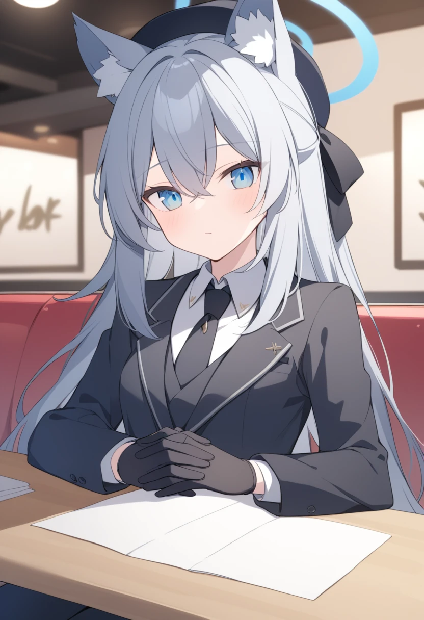 girl,Silver long hair, blue eyes, Wearing a black suit,Black gloves, and black pants, Sitting in the restaurant,A laid-back expression, blue halo,Black Hat,Gray wolf ears,Black Tie,Place your hands crossed on the table