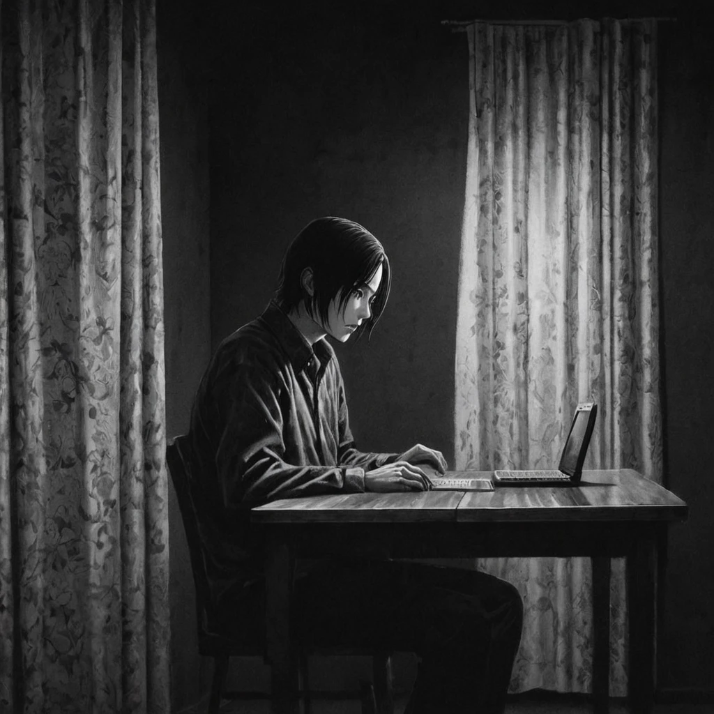 A dark and poorly lit room, A man is sitting at the table, with your back to the window. The dim light reveals a shadowy figure discreetly peering through the half-open curtains.. Your eyes glow faintly in the darkness, creating an atmosphere of suspense and intrigue, (アニメ), Bizarre scenario, This is Junji, Yusuke Murata, black andwhite, 8K, アニメ, horor, disturbing, nasty, grimdark, rotten, by Junji Ito, detailded, Surrealism