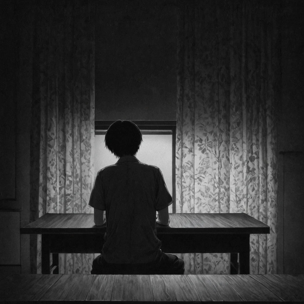 A dark and poorly lit room, A man is sitting at the table, with your back to the window. The dim light reveals a shadowy figure discreetly peering through the half-open curtains.. Your eyes glow faintly in the darkness, creating an atmosphere of suspense and intrigue, (アニメ), Bizarre scenario, This is Junji, Yusuke Murata, black andwhite, 8K, アニメ, horor, disturbing, nasty, grimdark, rotten, by Junji Ito, detailded, Surrealism