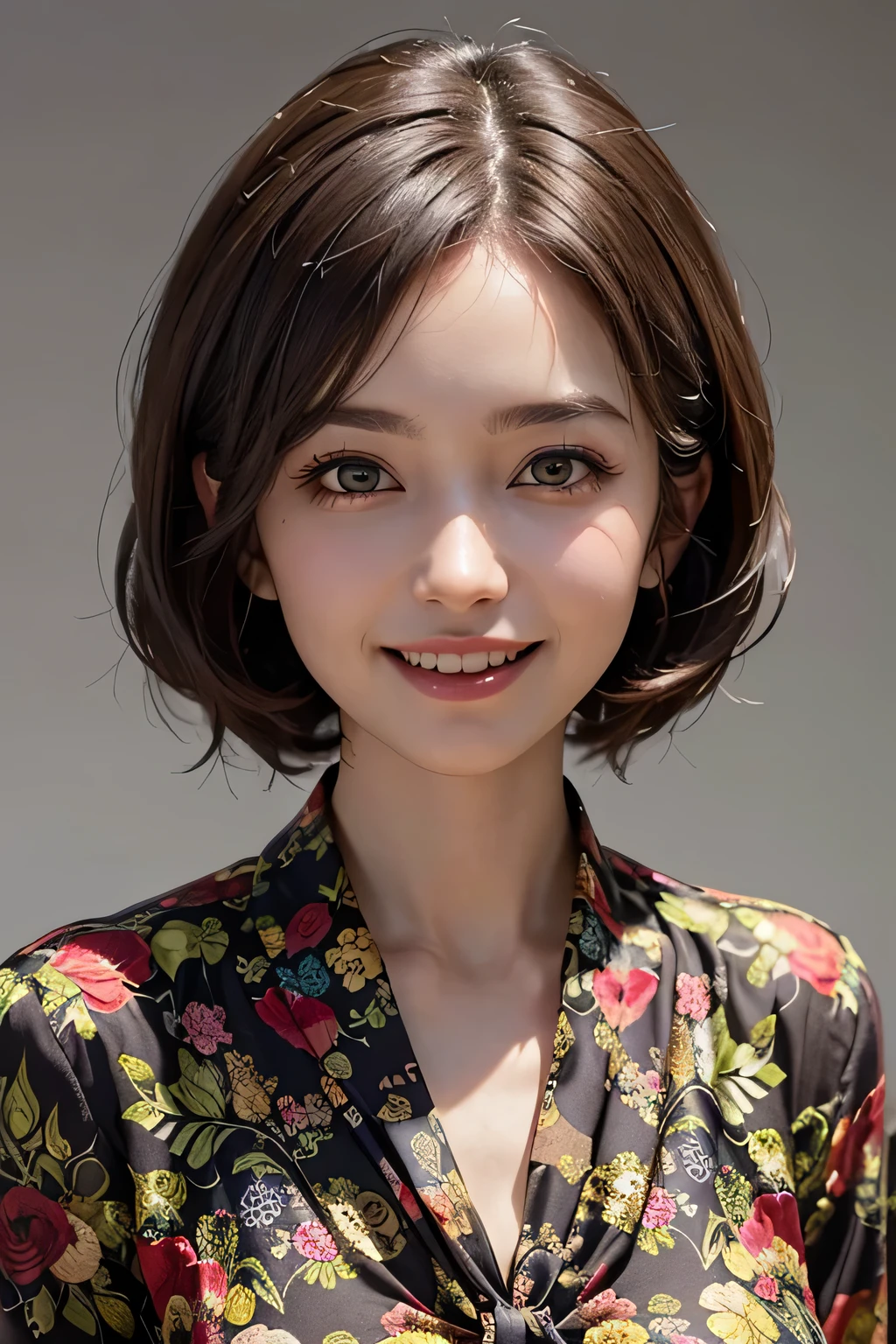 ((masterpiece)), ((Highest quality)), ((Complex)), ((Surreal)), (Realistic), (Mature Woman), ((There are no classes)), Very detailed, (1 female), Beautiful and exquisite, (Beautiful Teeth), Grin, Brunette Bob Hair, Brown eyes, ((blouse)), (Upper Body), (background:none), Perfect Eyes, Captivating eyes, Looking at the audience