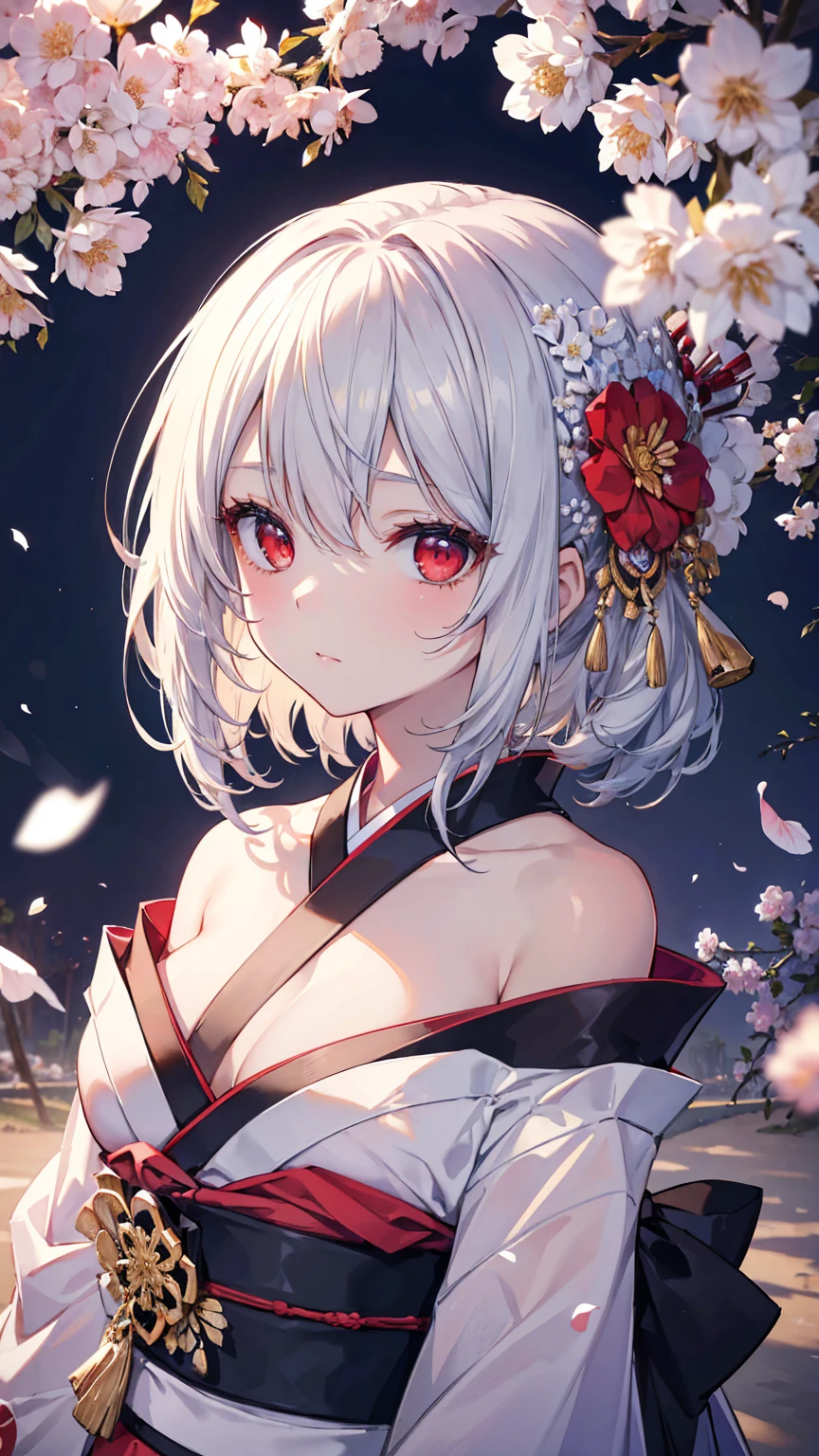 (masterpiece:1.2, best quality), (exquisite eyes: 1.2), ((1 girl)), ((alone)), (Red eyes:1.4), (exquisite eyes and exquisite face:1.3), ( Beautiful clear background: 1.2), (Extremely detailed CG, Super detailed, The best shades: 1.1), ((Depth of Field)), ((watercolor)), (They: 1.5), (kimono: 1.3), Big , Bare shoulders, flowers and petals, Beautiful concept art, (White background: 0.5), (illustration: 1.1), (Extremely refined: 1.1), (perfect details: 1.1), contour, Cowboy shooting,