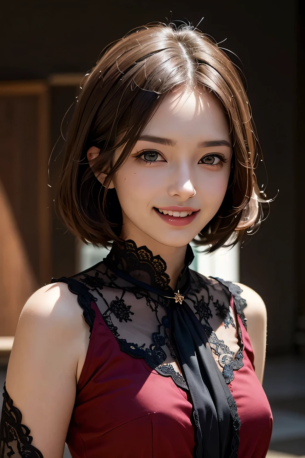 ((masterpiece)), ((Highest quality)), ((Complex)), ((Surreal)), (Realistic), (Mature Woman), ((There are no classes)), Very detailed, (1 female), Beautiful and exquisite, (Beautiful Teeth), Grin, Brunette Bob Hair, Brown eyes, ((blouse)), (Upper Body), (background:none), Perfect Eyes, Captivating eyes, Looking at the audience