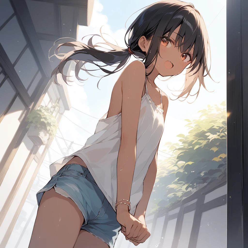 score_9, score_8_up, score_7_up, source_anime, best quality, masterpiece, official art, absurdres, highres, ultra-detailed,waifu2x,Collection: Slice of Life,break,1girl, tomboy, dark-skinned female, short hair, low ponytail, flat chest, beautiful detailed eyes, short shorts, sweat, open mouth, (yawn:0.3), sleepily, outdoors, wind,break,(clear line illustration:1.2), super detailed skin,very high resolution, very aesthetic, Best sexual lighting powered by famous artist, 8k,cute picture,beauty illustration,photoshop_(medium),,(Detailed Lighting),best anime 8k konachan wallpaper, pixiv contest winner,