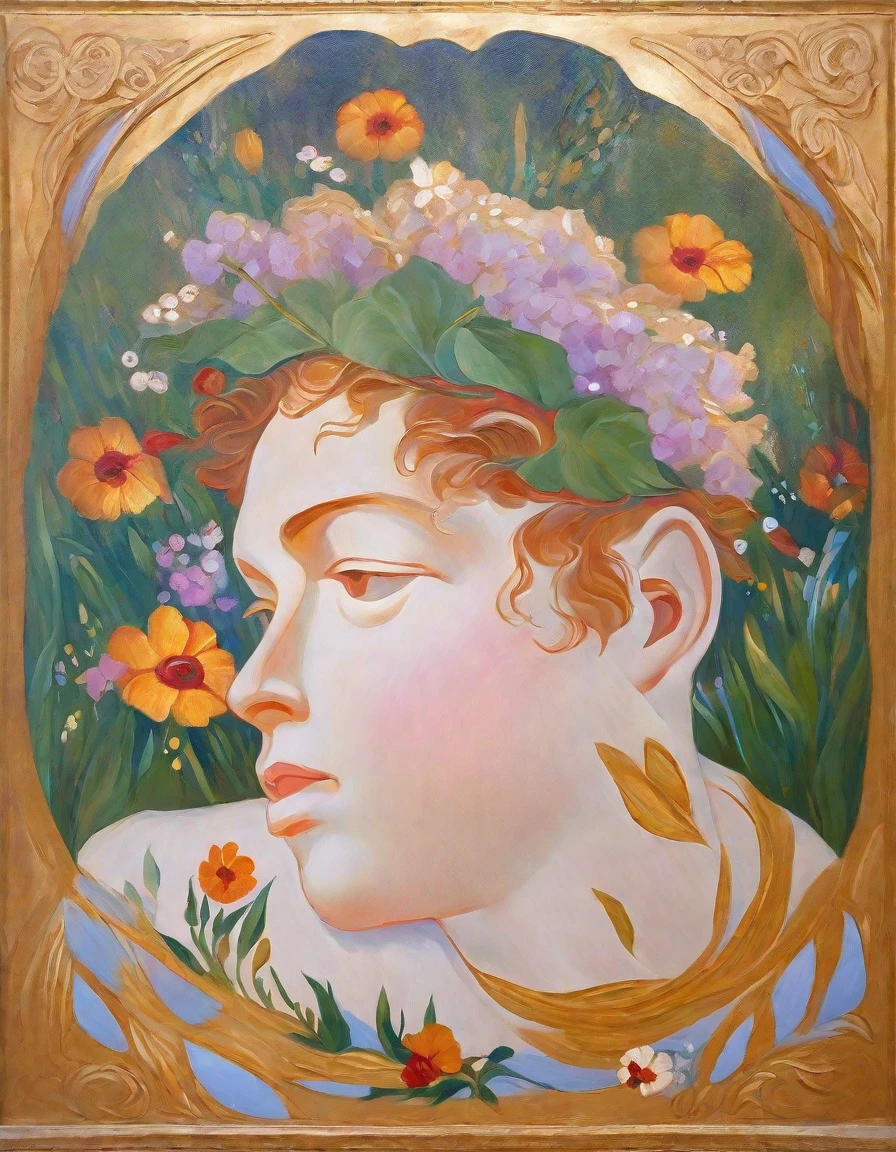 angel lying on the lawn with flowers covering him, oil painting, greek style